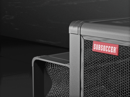 Close-up of Subsoccer S7 durable game bench with hexagonal netting and Subsoccer logo in modern design for indoor and outdoor use.