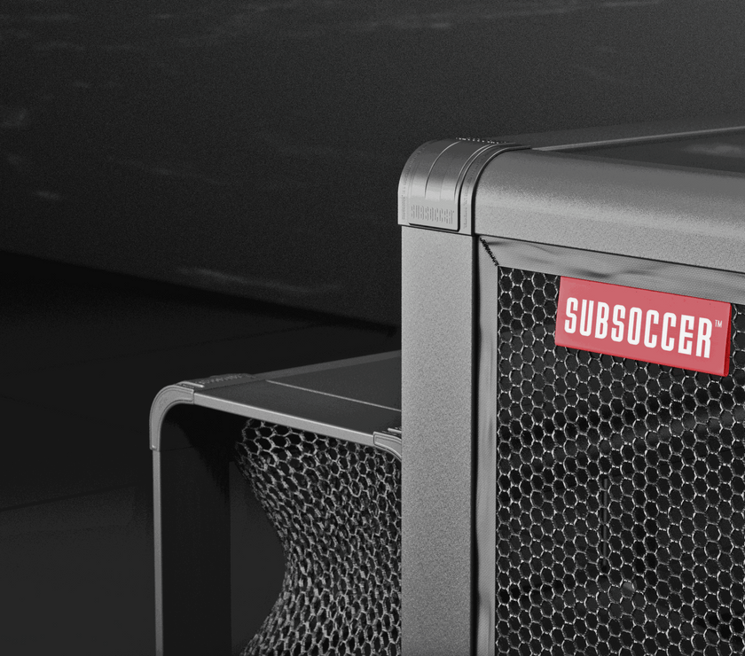 Close-up of Subsoccer S7 durable game bench with hexagonal netting and Subsoccer logo in modern design for indoor and outdoor use.