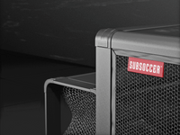 Close-up of Subsoccer S7 durable game bench with hexagonal netting and Subsoccer logo in modern design for indoor and outdoor use.
