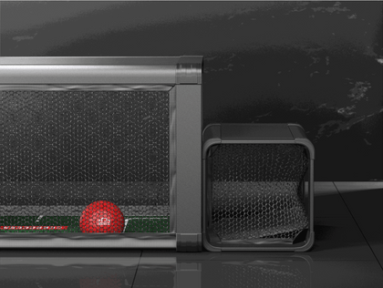 Close-up of Subsoccer S7 goal with red ball inside, showcasing durable and sleek design for indoor and outdoor play.