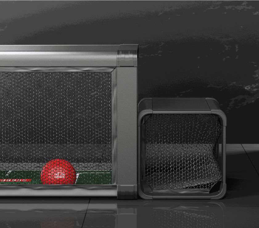 Close-up of Subsoccer S7 goal with red ball inside, showcasing durable and sleek design for indoor and outdoor play.