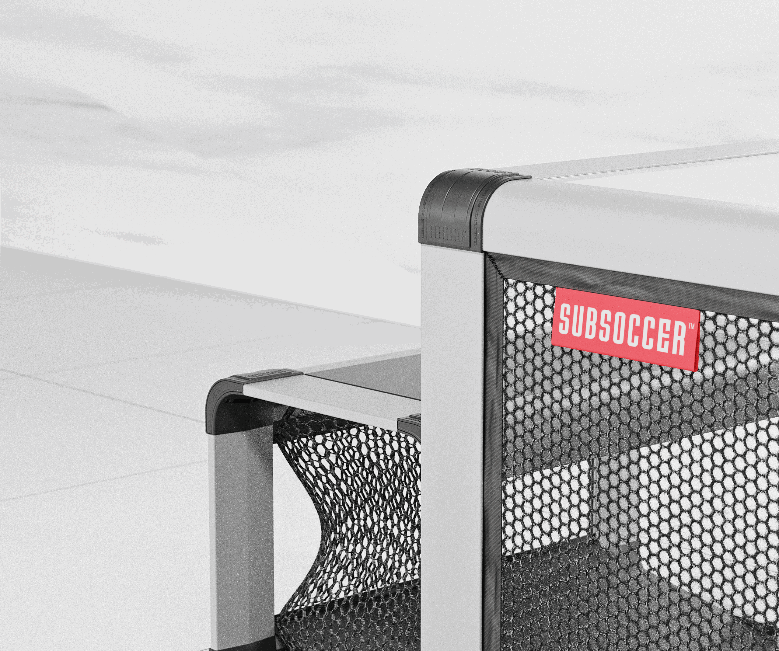 Close-up of durable Subsoccer S7 indoor-outdoor game bench with mesh net and branded label