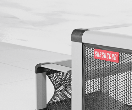 Close-up of durable Subsoccer S7 indoor-outdoor game bench with mesh net and branded label