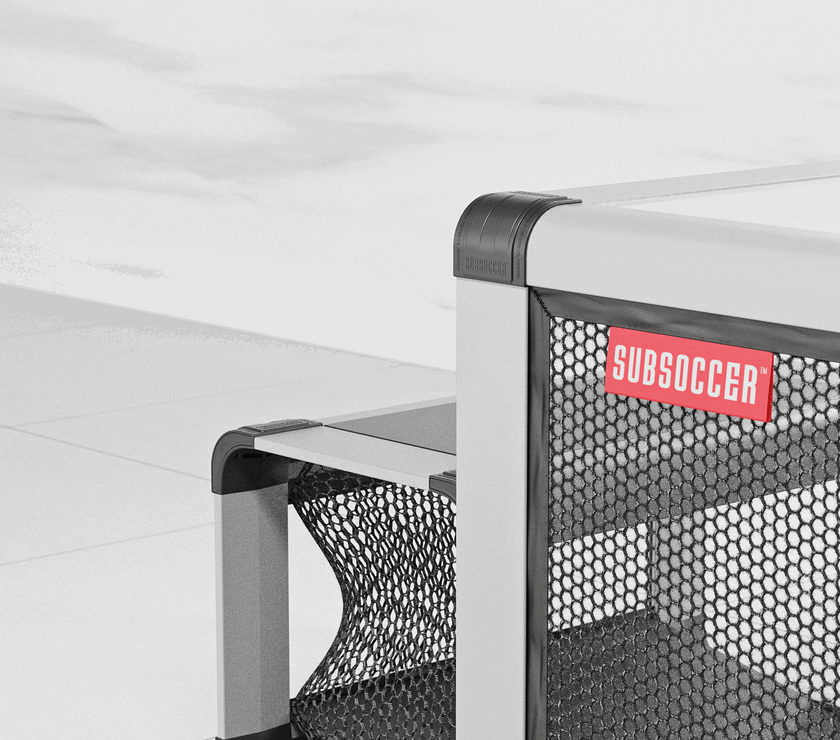 Close-up of durable Subsoccer S7 indoor-outdoor game bench with mesh net and branded label